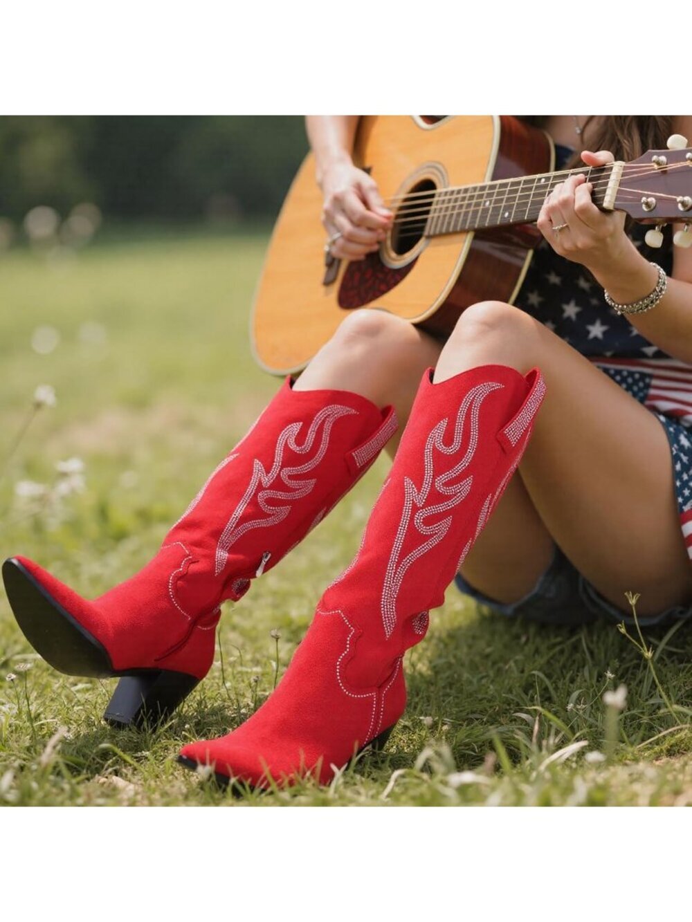 Women's Red Rubber Pointed Toe Rhinestones Embroidered Western Knee High Boot